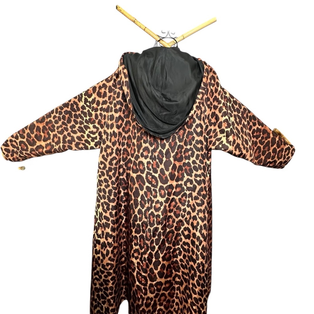 Vtg 1950s Black Satin Silk Reversible Leopard Print Duster Coat Hooded Pockets